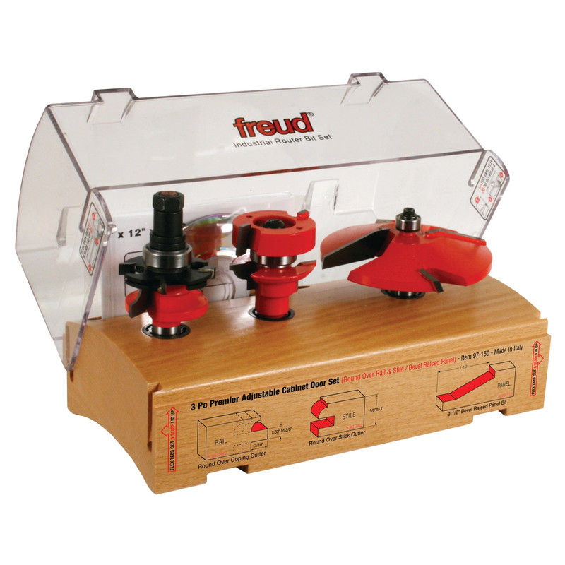 97-150 Adjustable Rail And Stile 3-Pc Door Router Bit Set Bevel Panel Round Rail 1/2" Shank